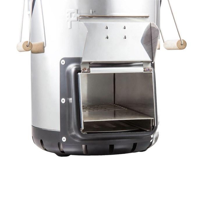 Compact outdoor stove with cast iron cooking surface, front-loading firebox door with air vents, and wooden handle pulls, ideal for camping and garden use in Best Sellers and Promo Eligible collections.