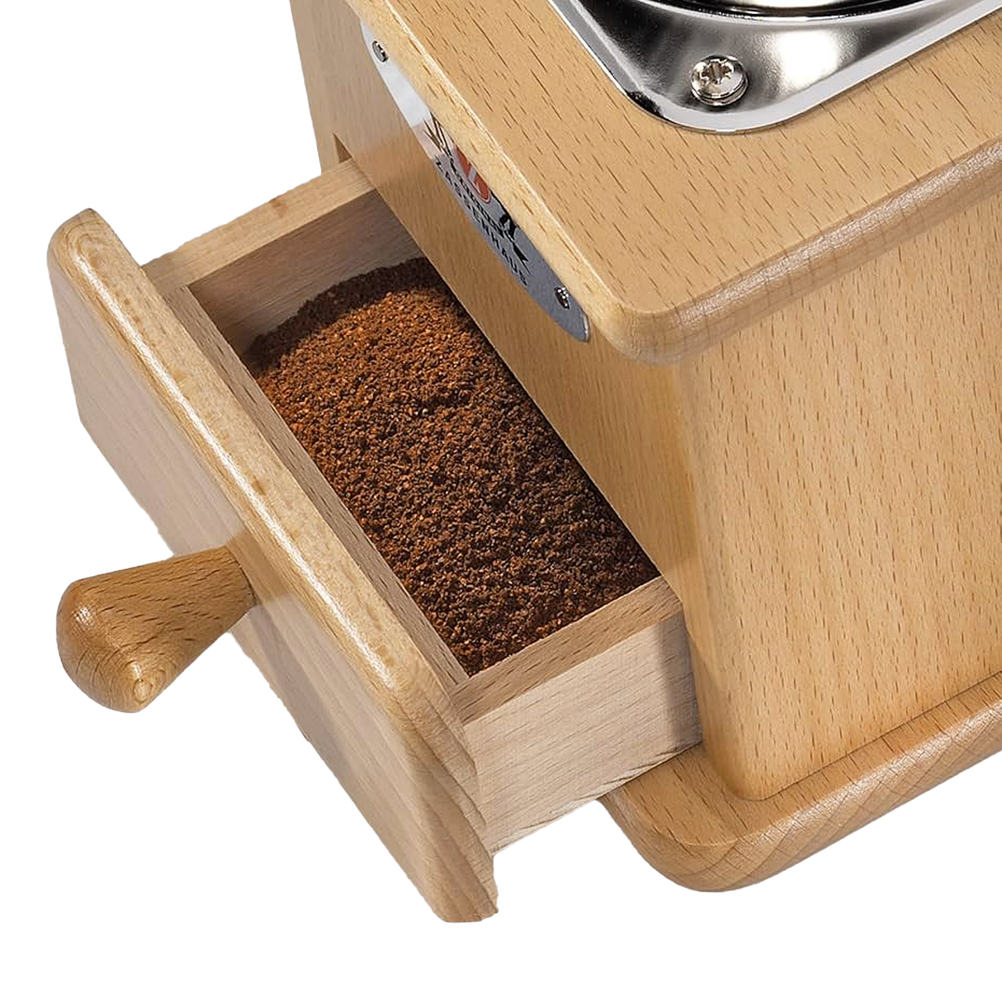 Handcrafted wooden coffee grinder drawer partially open to reveal freshly ground coffee, part of Farm, Garden & Tool and Brewing Coffee and Tea collections.
