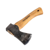 Hand-forged compact hatchet with a curved wooden handle and protective leather sheath, ideal for camping, farm, garden, and woodcutting tasks, featured in best sellers.