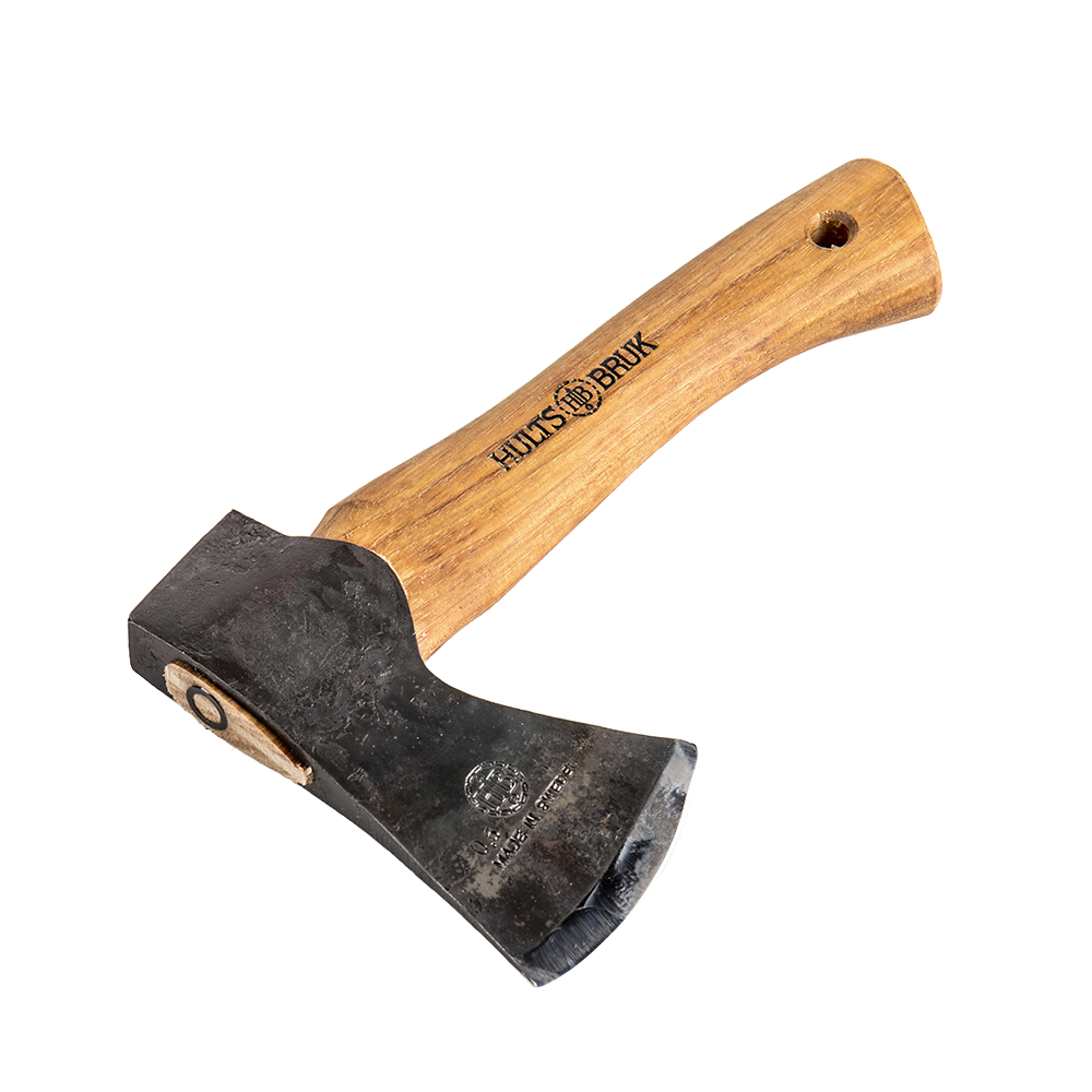 Hand-forged compact hatchet with a curved wooden handle and protective leather sheath, ideal for camping, farm, garden, and woodcutting tasks, featured in best sellers.