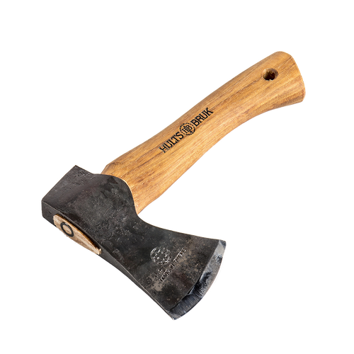 Hand-forged compact hatchet with a curved wooden handle and protective leather sheath, ideal for camping, farm, garden, and woodcutting tasks, featured in best sellers.