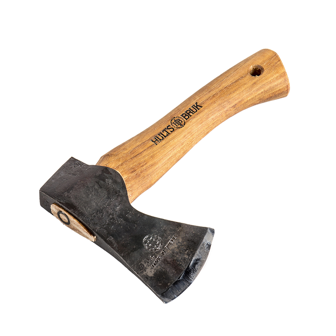 Hand-forged compact hatchet with a curved wooden handle and protective leather sheath, ideal for camping, farm, garden, and woodcutting tasks, featured in best sellers.