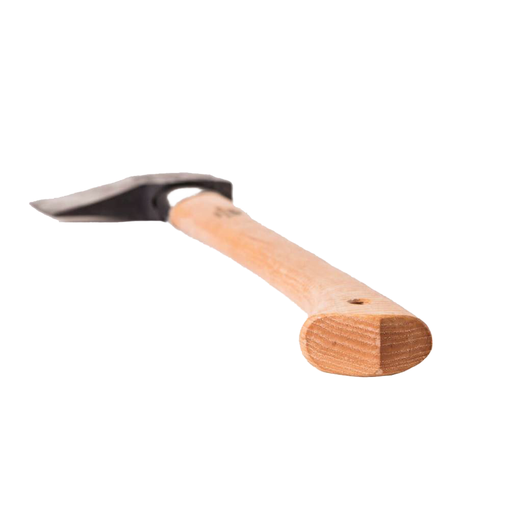 Splitting hatchet with a polished wooden handle and thin, concave forged steel blade designed for efficient wood cutting, featured in farm, garden, and hand tool collections.