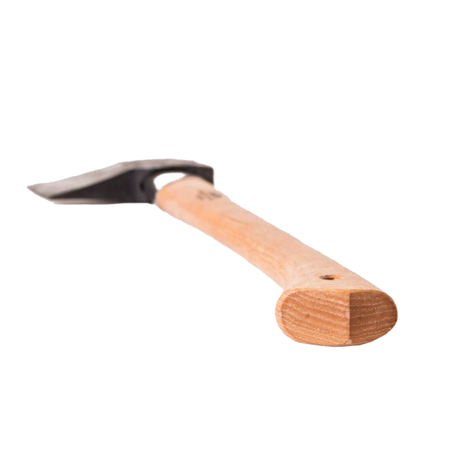 Splitting hatchet with a polished wooden handle and thin, concave forged steel blade designed for efficient wood cutting, featured in farm, garden, and hand tool collections.