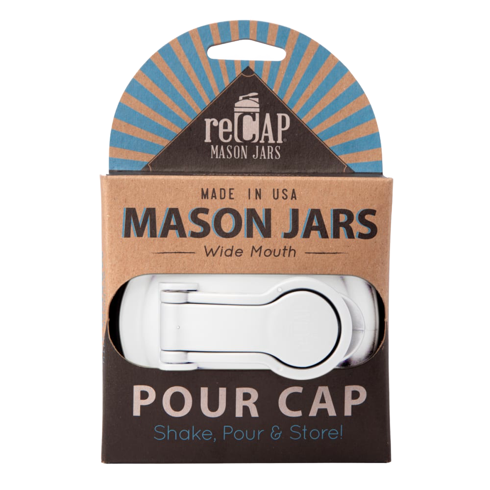 White wide-mouth pour lid with flip-top spout and carry loop for mason jars, handcrafted in USA from durable no-break plastic, featured in Kitchen & Food and Best Sellers collections.
