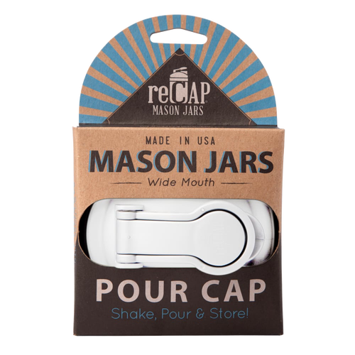 White wide-mouth pour lid with flip-top spout and carry loop for mason jars, handcrafted in USA from durable no-break plastic, featured in Kitchen & Food and Best Sellers collections.