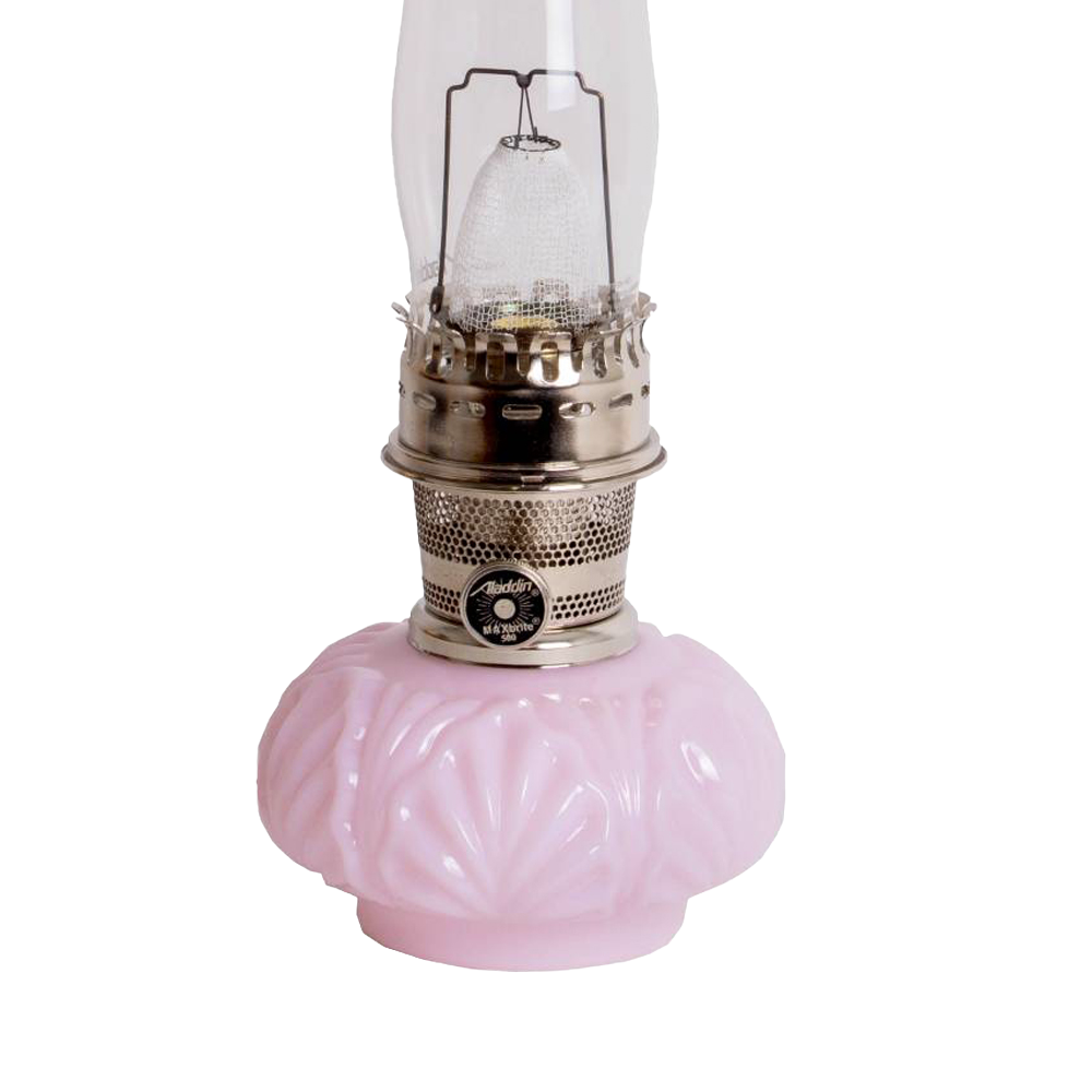 Handcrafted limited edition oil lamp featuring a pale pink Crown Tuscan glass base, polished metal burner, and tall clear chimney, ideal for Lamps & Lighting, Oil Lamps, Table Lamps, and Best Sellers collections.