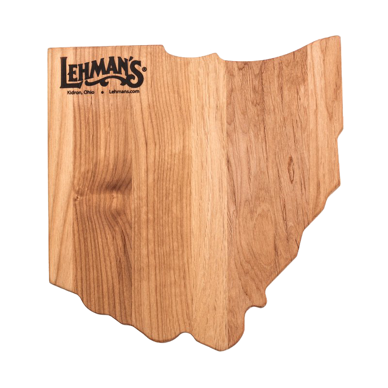 Handcrafted red alder cutting board shaped like Ohio, featuring Lehman's logo, made in USA, ideal for Kitchen & Food, Food Prep, Knives, Sharpeners and Cutting Boards collections.