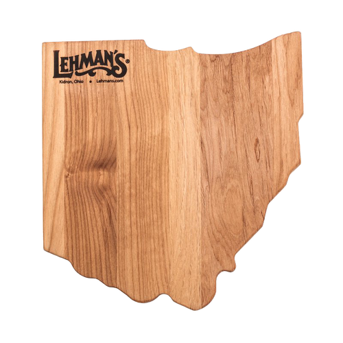 Handcrafted red alder cutting board shaped like Ohio, featuring Lehman's logo, made in USA, ideal for Kitchen & Food, Food Prep, Knives, Sharpeners and Cutting Boards collections.