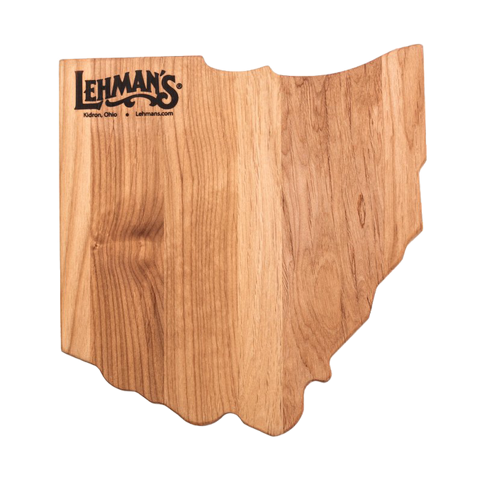 Handcrafted red alder cutting board shaped like Ohio, featuring Lehman's logo, made in USA, ideal for Kitchen & Food, Food Prep, Knives, Sharpeners and Cutting Boards collections.
