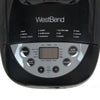 Control panel of a West Bend bread maker featuring 12 digital preset settings including basic, French, whole wheat, sweet, gluten free, and custom, with timer, loaf size, crust color options, and start/pause buttons, ideal for kitchen gadgets and baking supplies.