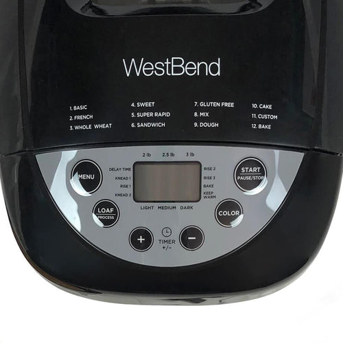 Control panel of a West Bend bread maker featuring 12 digital preset settings including basic, French, whole wheat, sweet, gluten free, and custom, with timer, loaf size, crust color options, and start/pause buttons, ideal for kitchen gadgets and baking supplies.