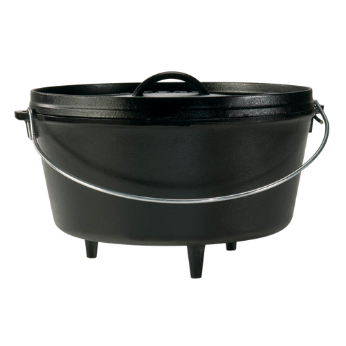 Oval cast iron camp Dutch oven with built-in legs and sturdy handle, handcrafted in the USA for versatile outdoor cooking; featured in Farm, Garden & Tool, Camping, and Best Sellers collections.