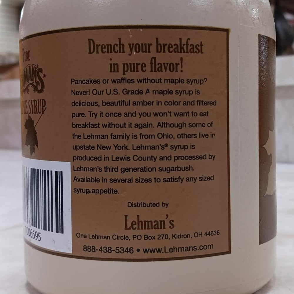 Handcrafted jug of pure amber maple syrup brewed the traditional way by Lehman's third generation sugarbush, perfect for Kitchen & Food, Pantry, USA Made, Best Sellers, and Promo Eligible collections.