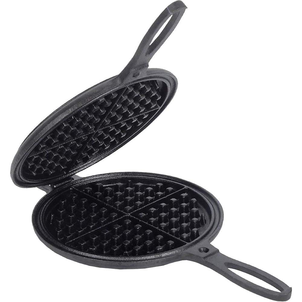 Handcrafted pre-seasoned cast iron waffle maker with detachable halves and special hinge design, ideal for Farm, Garden & Tool, Kitchen & Food, and Cast Iron collections.