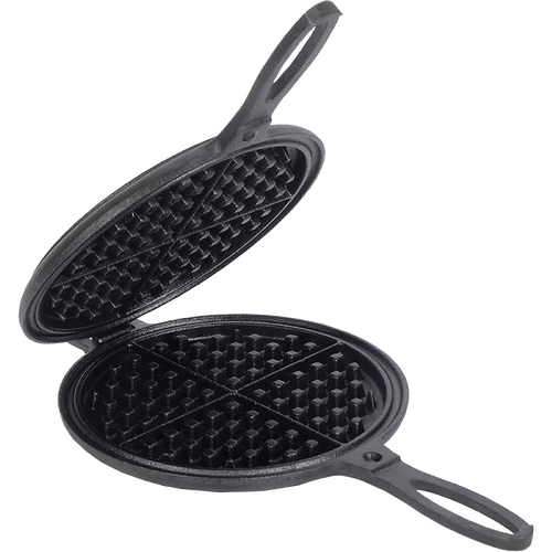 Handcrafted pre-seasoned cast iron waffle maker with detachable halves and special hinge design, ideal for Farm, Garden & Tool, Kitchen & Food, and Cast Iron collections.