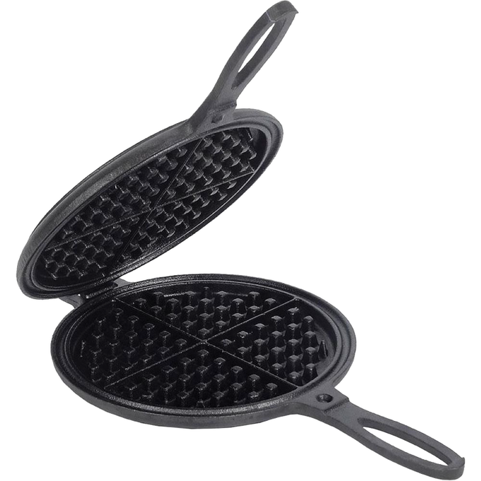 Handcrafted pre-seasoned cast iron waffle maker with detachable halves and special hinge design, ideal for Farm, Garden & Tool, Kitchen & Food, and Cast Iron collections.