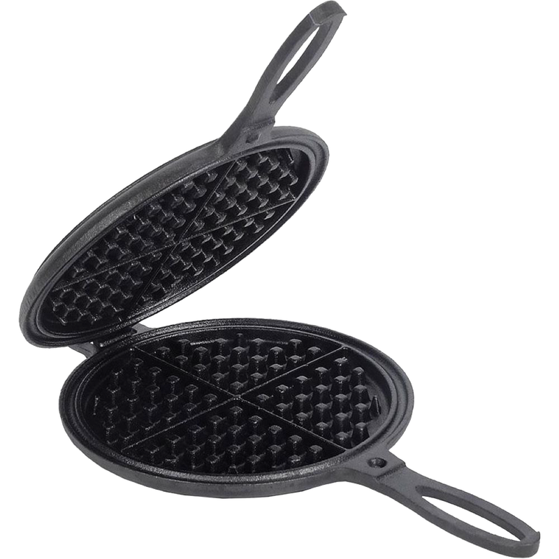 Handcrafted pre-seasoned cast iron waffle maker with detachable halves and special hinge design, ideal for Farm, Garden & Tool, Kitchen & Food, and Cast Iron collections.