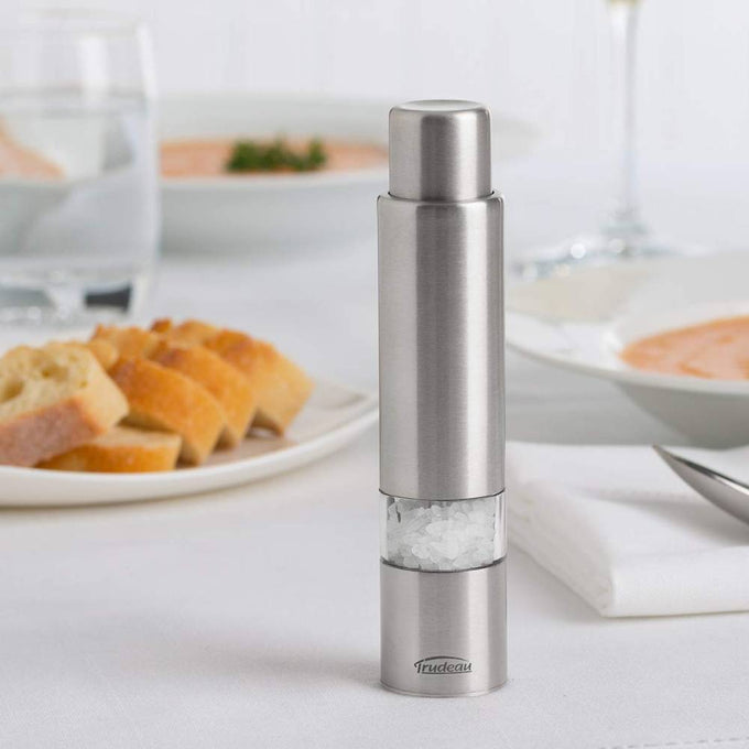 Sleek stainless steel one-hand salt grinder with clear window displaying coarse salt, designed for effortless seasoning in Kitchen & Food, Pantry, and Kitchen Gadgets collections.