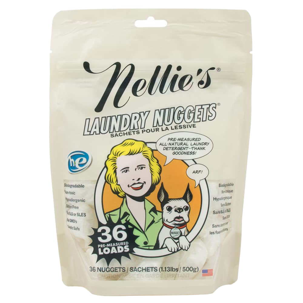 Resealable beige pouch of pre-measured all-natural laundry nuggets featuring a vintage-style illustration, promoting biodegradable, non-toxic detergent for Laundry Supplies and Home & Decor collections.
