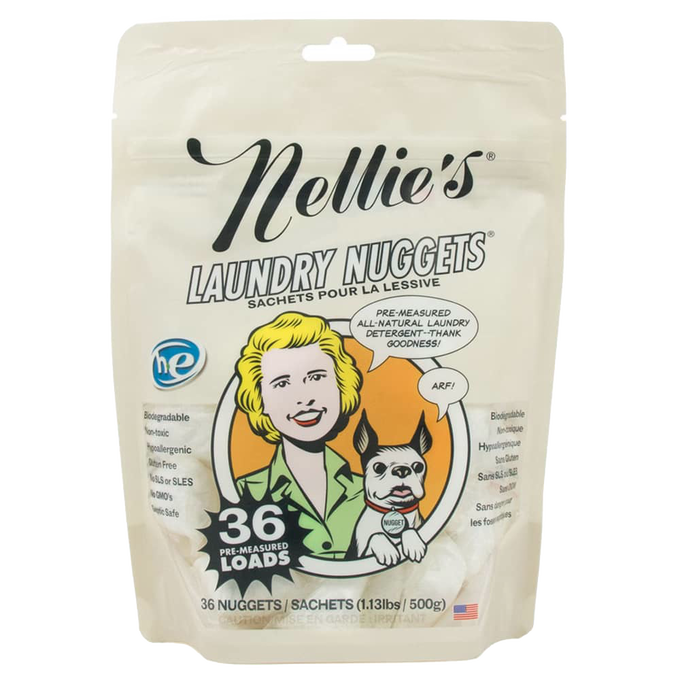 Resealable beige pouch of pre-measured all-natural laundry nuggets featuring a vintage-style illustration, promoting biodegradable, non-toxic detergent for Laundry Supplies and Home & Decor collections.