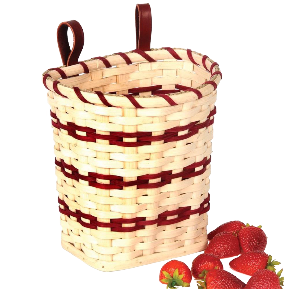 Handcrafted woven berry basket with red and natural tones, featuring riveted leather loops for belt attachment, made in USA by Amish craftsmen, ideal for Farm, Garden & Tool collections.