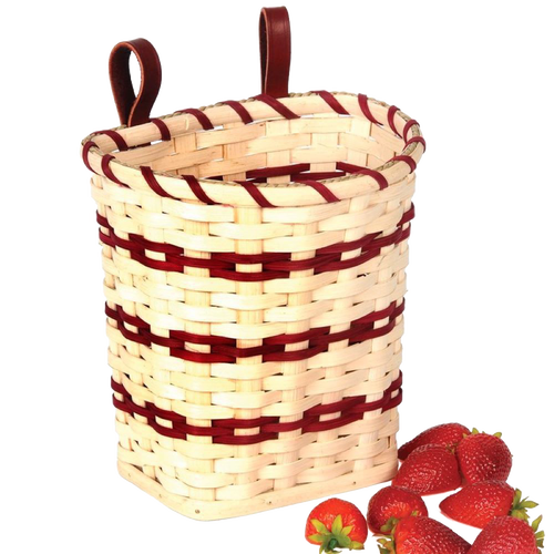 Handcrafted woven berry basket with red and natural tones, featuring riveted leather loops for belt attachment, made in USA by Amish craftsmen, ideal for Farm, Garden & Tool collections.