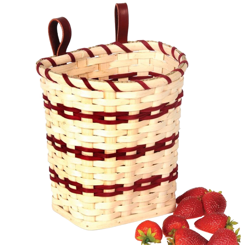 Handcrafted woven berry basket with red and natural tones, featuring riveted leather loops for belt attachment, made in USA by Amish craftsmen, ideal for Farm, Garden & Tool collections.