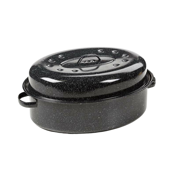 Durable classic graniteware roaster with a speckled black enamel finish, featuring a domed lid with dimples for self-basting, ideal for Kitchen & Food, Cookware, and Pots and Pans collections.