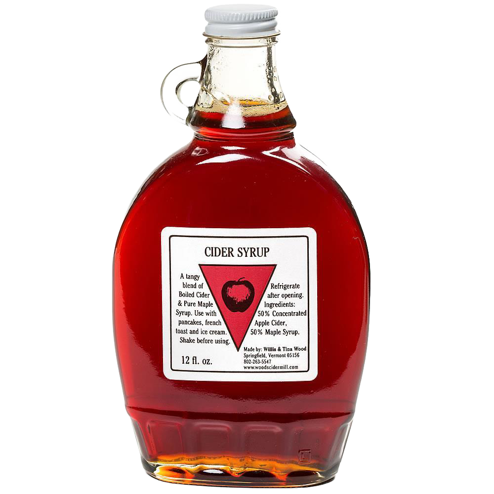 Clear glass bottle of handcrafted pure cider syrup with amber color and a white screw cap, featured in Kitchen & Food, Pantry, USA Made, Best Sellers, and Promo Eligible collections.