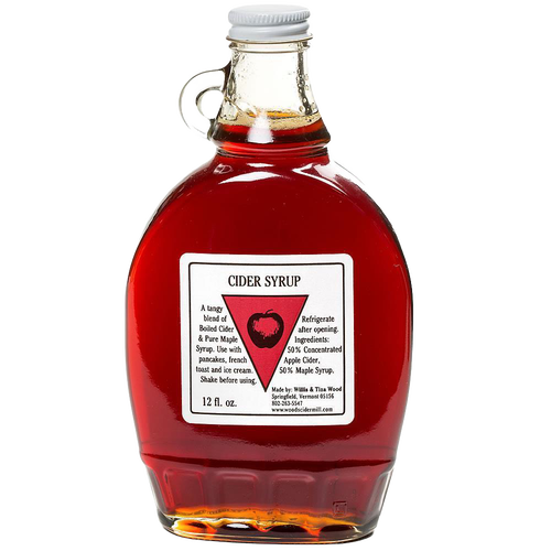 Clear glass bottle of handcrafted pure cider syrup with amber color and a white screw cap, featured in Kitchen & Food, Pantry, USA Made, Best Sellers, and Promo Eligible collections.