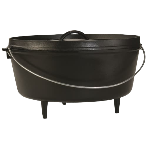Handcrafted cast iron camp Dutch oven with built-in legs, sturdy bail handle, and tight-fitting lid, made in USA; ideal for Farm, Garden & Tool, Camping, Cast Iron, Best Sellers, Promo Eligible collections.