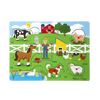 Colorful wooden farm animal puzzle with a farmer figure, barn, and pond, designed to encourage singing and matching skills, part of a children's toys and puzzles collection.