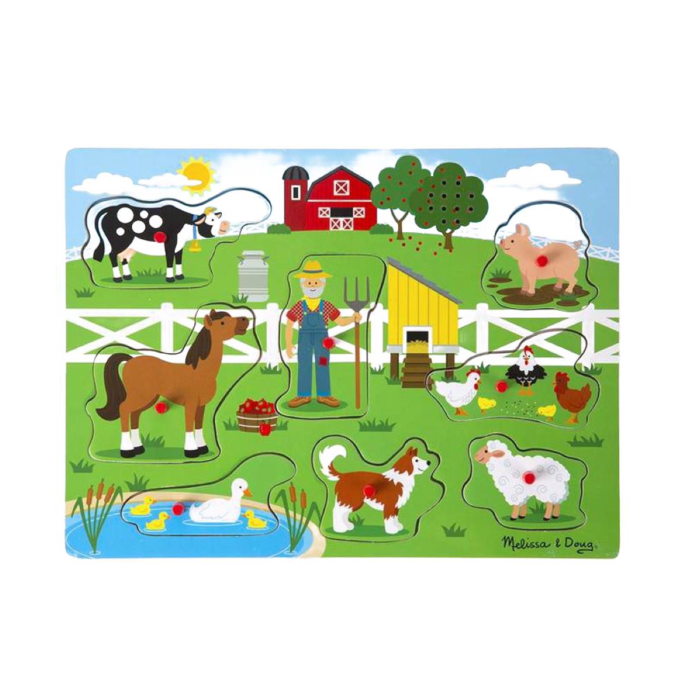Colorful wooden farm animal puzzle with a farmer figure, barn, and pond, designed to encourage singing and matching skills, part of a children's toys and puzzles collection.