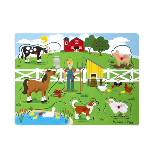 Colorful wooden farm animal puzzle with a farmer figure, barn, and pond, designed to encourage singing and matching skills, part of a children's toys and puzzles collection.