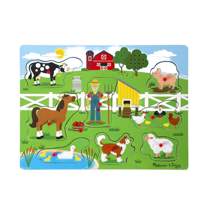 Colorful wooden farm animal puzzle with a farmer figure, barn, and pond, designed to encourage singing and matching skills, part of a children's toys and puzzles collection.