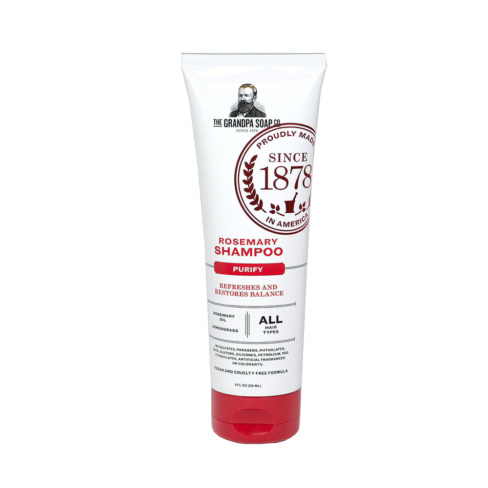 Tube of handcrafted rosemary shampoo for all hair types, made in USA, designed to refresh and restore balance, featured in Health & Wellness, Grooming and Personal Hygiene collections.