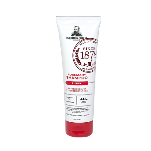 Tube of handcrafted rosemary shampoo for all hair types, made in USA, designed to refresh and restore balance, featured in Health & Wellness, Grooming and Personal Hygiene collections.