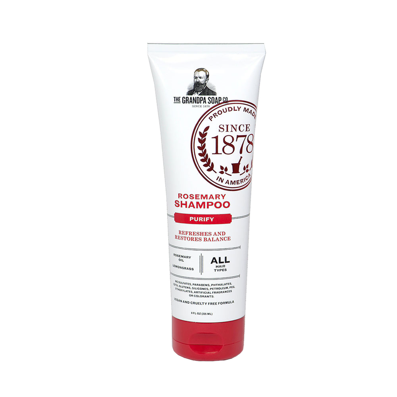 Tube of handcrafted rosemary shampoo for all hair types, made in USA, designed to refresh and restore balance, featured in Health & Wellness, Grooming and Personal Hygiene collections.