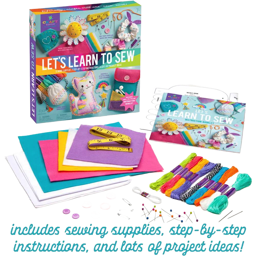 Colorful beginner sewing kit for kids featuring assorted felt fabric, thread, buttons, measuring tape, and step-by-step instructions, ideal for arts and crafts, children's toys, and best sellers collections.