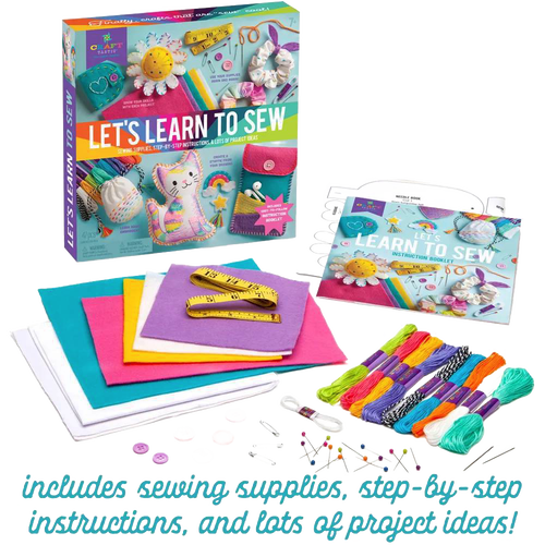 Colorful beginner sewing kit for kids featuring assorted felt fabric, thread, buttons, measuring tape, and step-by-step instructions, ideal for arts and crafts, children's toys, and best sellers collections.