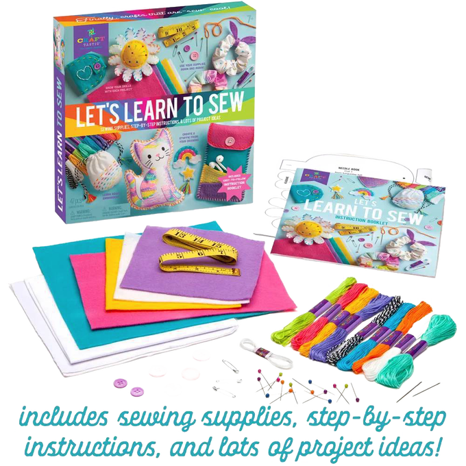 Colorful beginner sewing kit for kids featuring assorted felt fabric, thread, buttons, measuring tape, and step-by-step instructions, ideal for arts and crafts, children's toys, and best sellers collections.