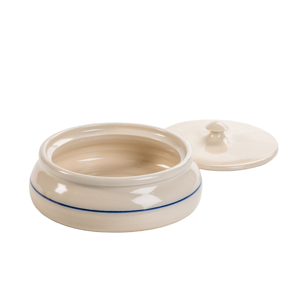 Handcrafted stoneware tortilla warmer with a simple blue stripe design, made in the USA for Kitchen & Food, Storage and Serving, and Best Sellers collections.