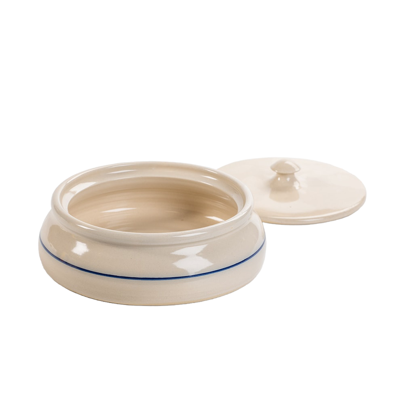 Handcrafted stoneware tortilla warmer with a simple blue stripe design, made in the USA for Kitchen & Food, Storage and Serving, and Best Sellers collections.