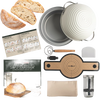 Complete baking kit featuring handcrafted tools including a proofing basket, dough scraper, measuring scale, mixing bowl, and shaping board for sourdough bread in Kitchen & Food collections.