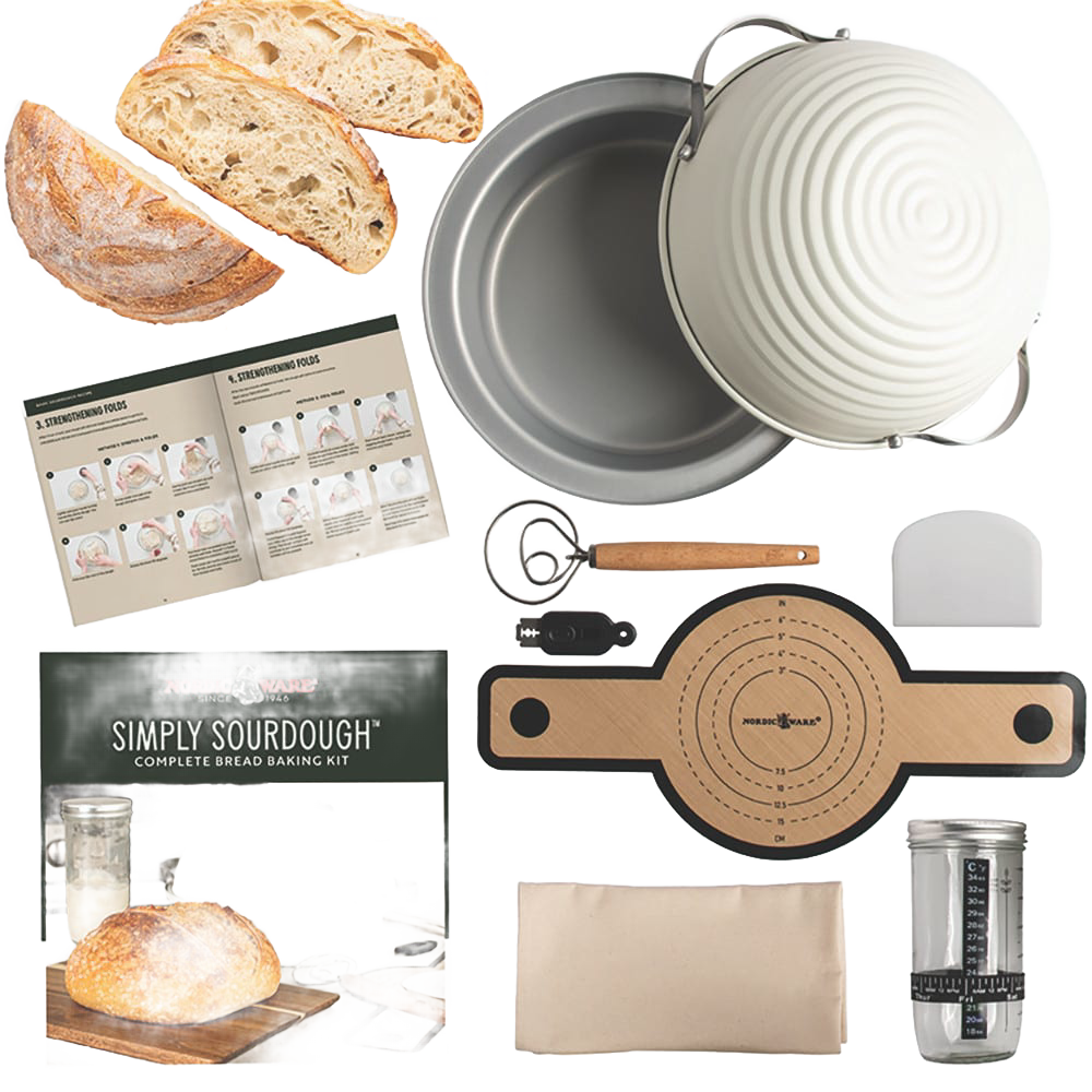 Complete baking kit featuring handcrafted tools including a proofing basket, dough scraper, measuring scale, mixing bowl, and shaping board for sourdough bread in Kitchen & Food collections.