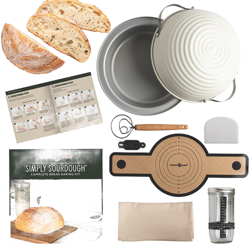 Complete baking kit featuring handcrafted tools including a proofing basket, dough scraper, measuring scale, mixing bowl, and shaping board for sourdough bread in Kitchen & Food collections.