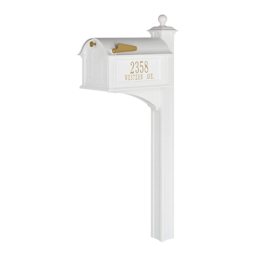 Handcrafted white and gold Balmoral-style mailbox with post, personalized with street address, made in the USA, perfect for Home & Decor, Household Helpers, and Mailboxes and Address Signs collections.