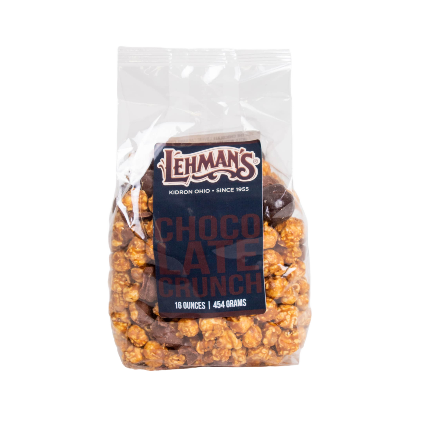 Clear bag of handcrafted Lehman's caramel popcorn crunch with rich chocolate pieces, a unique sweet and crunchy snack made in USA, perfect for Kitchen & Food, Snacks and Sweets, Popcorn, USA Made, and Best Sellers collections.