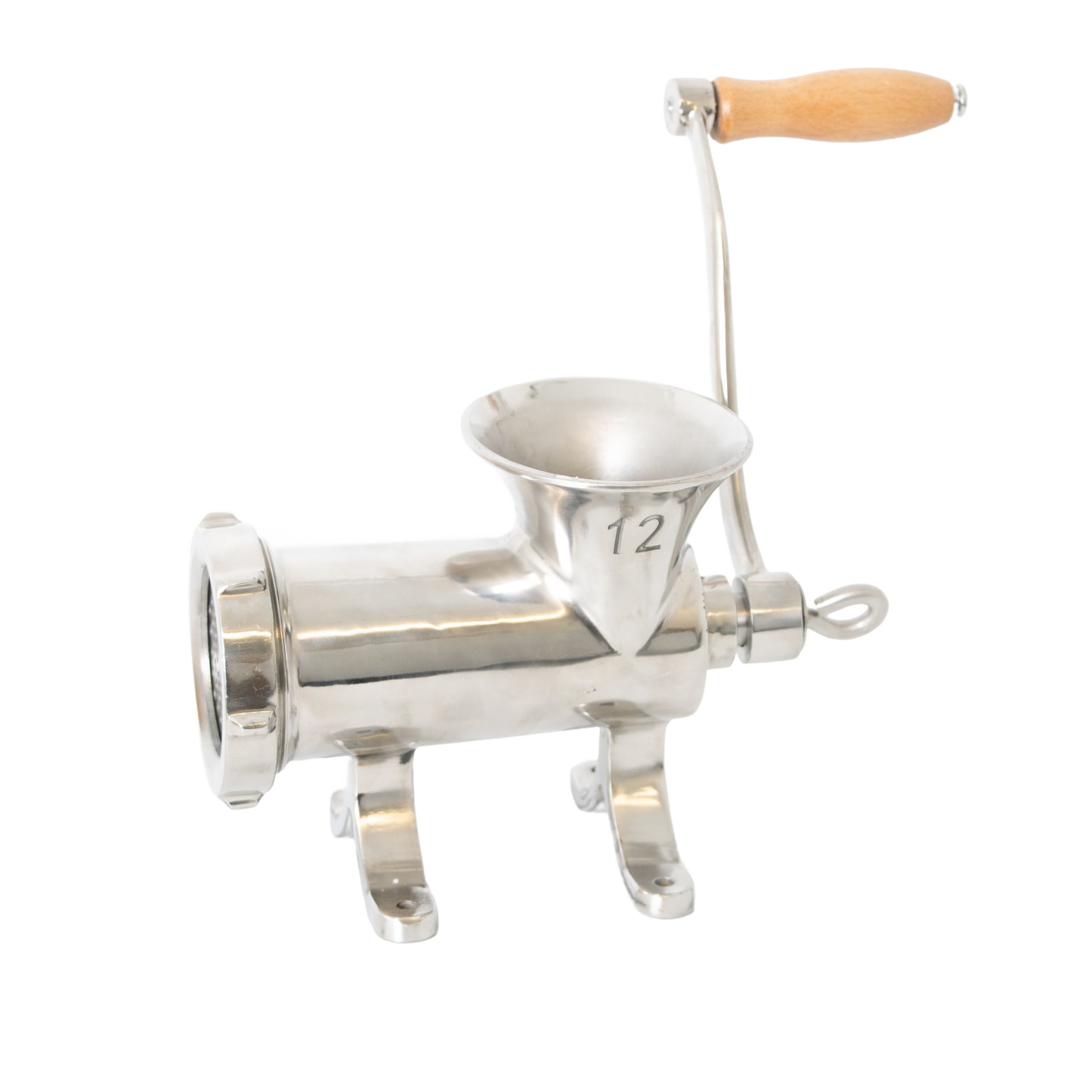 Handcrafted stainless steel mounted meat grinder with wooden handle and pre-drilled base for secure attachment, featured in Kitchen & Food, Specialty Equipment, Butchering Supplies, and Best Sellers collections.